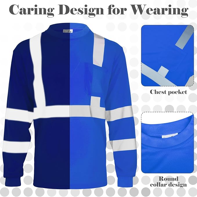 Amylove 4 Pcs Long Sleeve Safety Shirt High Visibility Reflective Construction Work Shirts for Men Women(XXL,Blue)