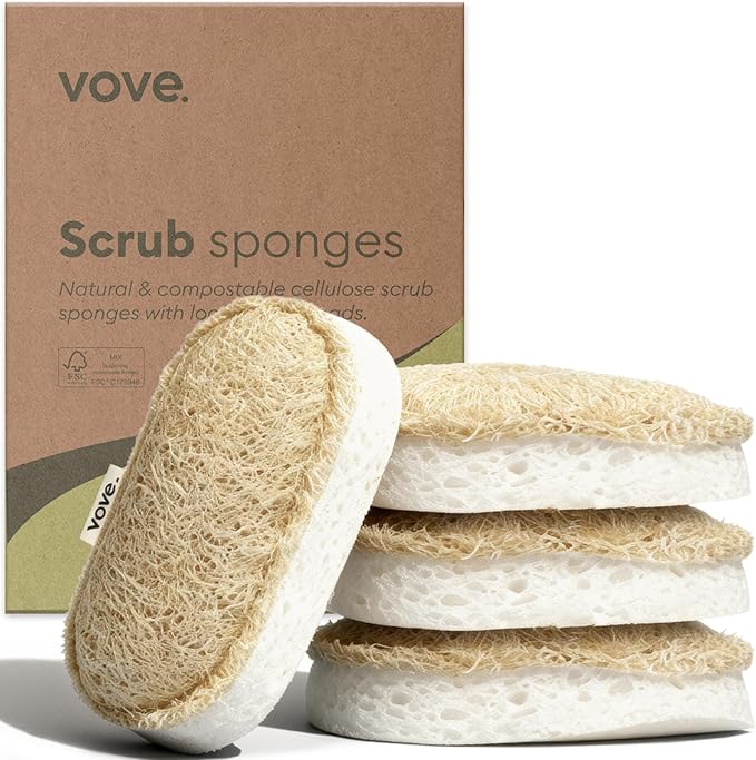 Vove Scrub Sponges 4 Pack, Cellulose & Cotton with Natural Loofah, Eco-Friendly Loofah Dish & Kitchen Sponges, Bathroom Scrubbing Pads, FSC-Certified Packaging