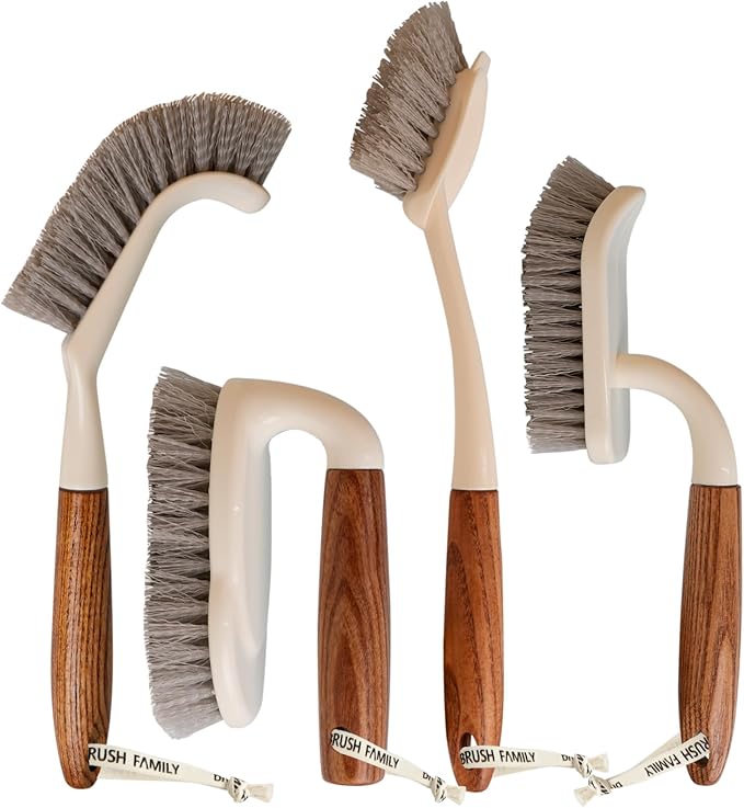 4-Pack Heavy Duty Scrub Brushes Set with Wooden Handles, Triangle & Square Floor Scrubber, Dish Brush, Grout Cleaner for Kitchen, Bathroom, Tile, Carpet & Stubborn Stains Removal
