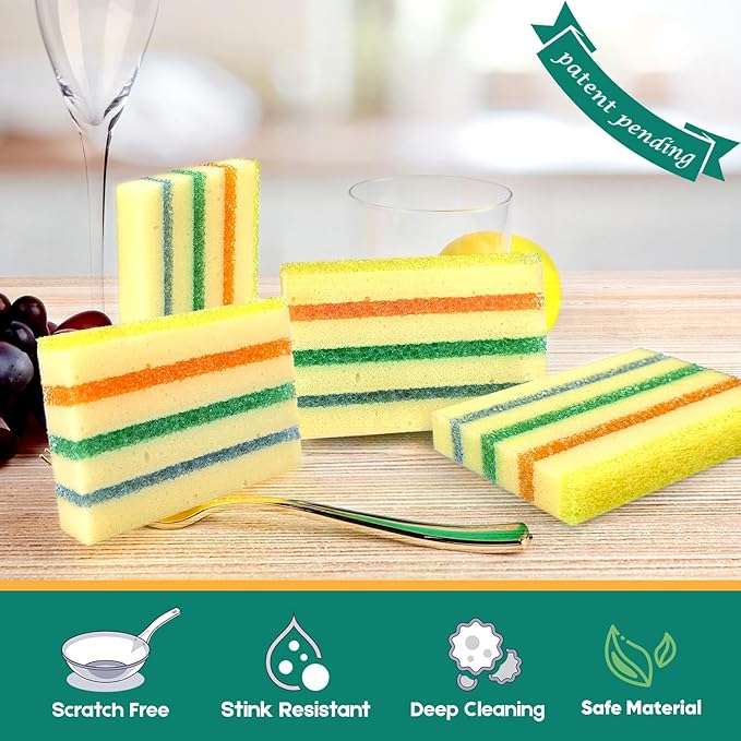 4 Pack Scrub Sponge - Temperature-Responsive - 50% More Power & Rinses Cleaner Cleaning Sponges, Multipurpose Dish Sponges for Kitchens, Bathrooms, and Outdoor Use - Patent Pending