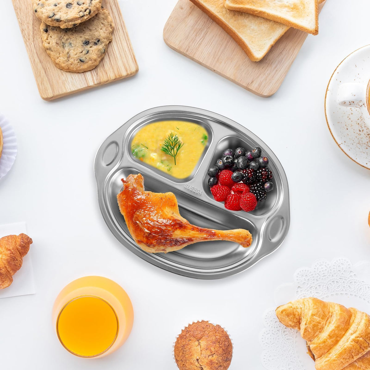 Mrs. Chou® BPA-Free 100% Food-Grade Stainless Steel Baby Plates with Suction Divided Designed for Babies and Toddlers, Ideal for Kids Infant Baby-Led Weaning Toddler Feeding Supplies Dishwasher Safe