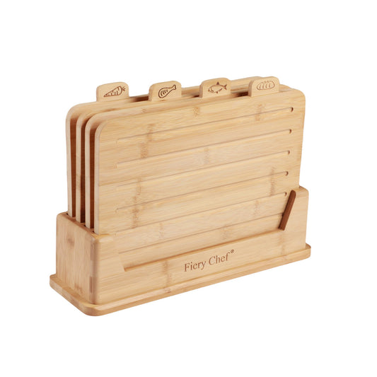 Fiery Chef 14.56"L x 11"W Bamboo Cutting Board Set of 4 - Wood Cutting Board Set with Holder, Chopping Boards Set with Food Icons, Juice Groove - Ideal for Meat, Fish, Bread, Vegetable, Fruit Chopping