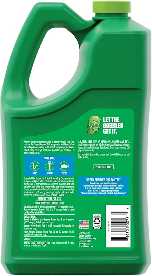 Green Gobbler ENZYMES for Grease Trap & Sewer - Controls Foul Odors & Breaks down Grease, Paper, Fat & Oil in Sewer Lines, Septic Tanks & Grease Traps (4 Gallon Case)