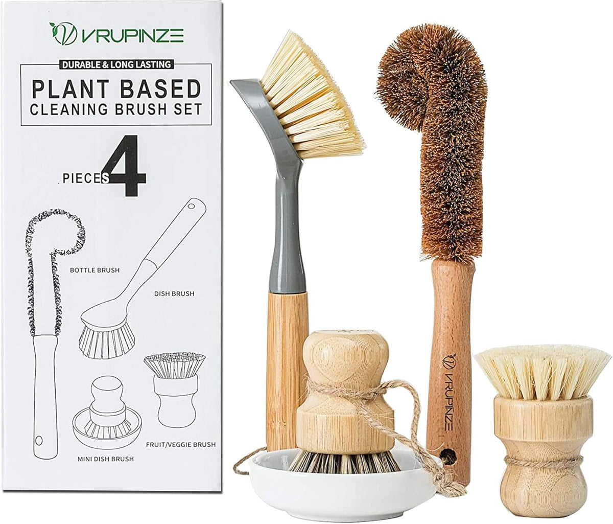 Natural Bamboo Dish Brush Bottle Scrub Brush 4-Piece Set, with Ceramic Soap Dispenser - Wooden Washing Up Brushes with Sturdy Handles for Cleaning Dishes, Pots, Pans, Gift Kit