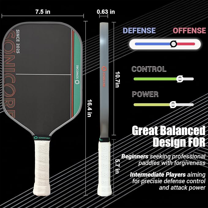 SONICORE Pickleball Paddle Set Bundle, T700 Carbon Fiber 16mm Core, 1 Paddle, Cover, Wristbands, Grip Tape, Eraser, 4 Premium Balls | Urban Mint