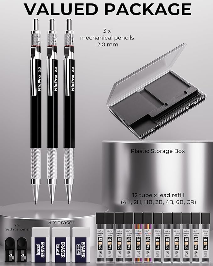 Nicpro 2mm Metal Mechanical Pencil Set with Case, 3PCS Lead Pencil Holder 2.0 mm with 144PCS Lead Refills (4H 2H HB 2B 4B 6B Color), Eraser, Sharpener for Drafting Writing Drawing Sketching