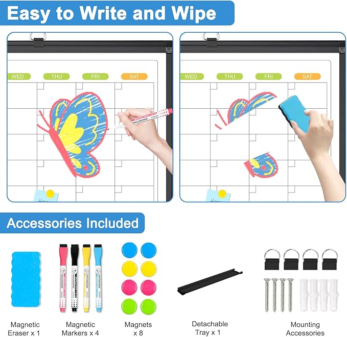 Dry Erase Calendar For Wall 4 Month, WALGLASS 36" x 24" Large Double-sided White Board Calendar, Dry Erase Monthly Planner Board, Black Aluminum Frame Hanging Wall Mounted Board for Office Home School