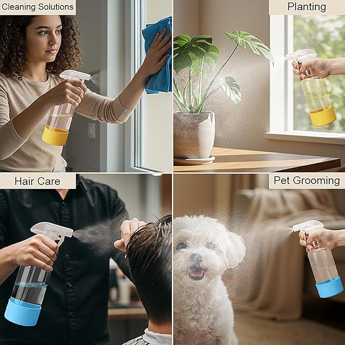 Glass Spray Bottles with Silicone Sleeve 16.9oz 2 Pack Empty Spray Bottle for Hair Mist/Stream Spraying for Cleaning Solutions, Plants, Essential Oils (clear-sblue&yellow)