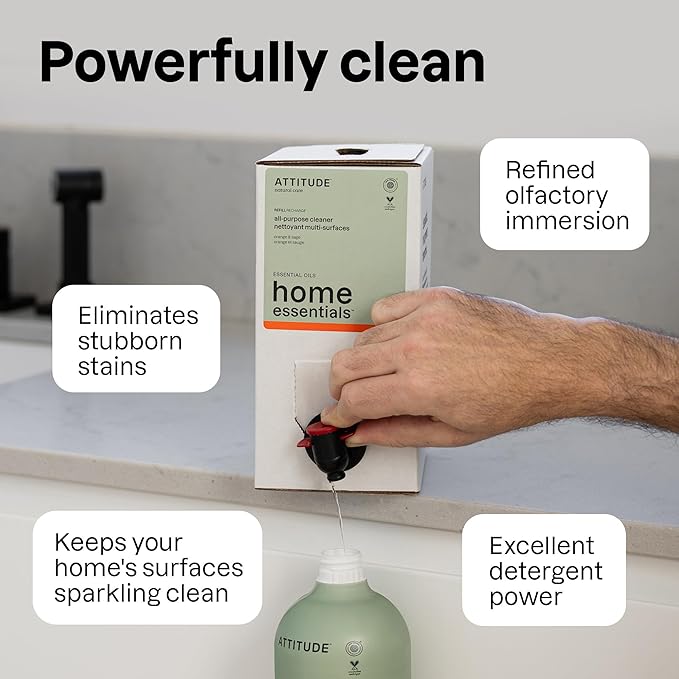 ATTITUDE All-Purpose Cleaner Spray, Plant-Based Ingredients, EWG Verified, Streak Free, Ammonia Free, Removes Fingerprints, Dust and Dirt, Sage & Orange, 26 Fl Oz