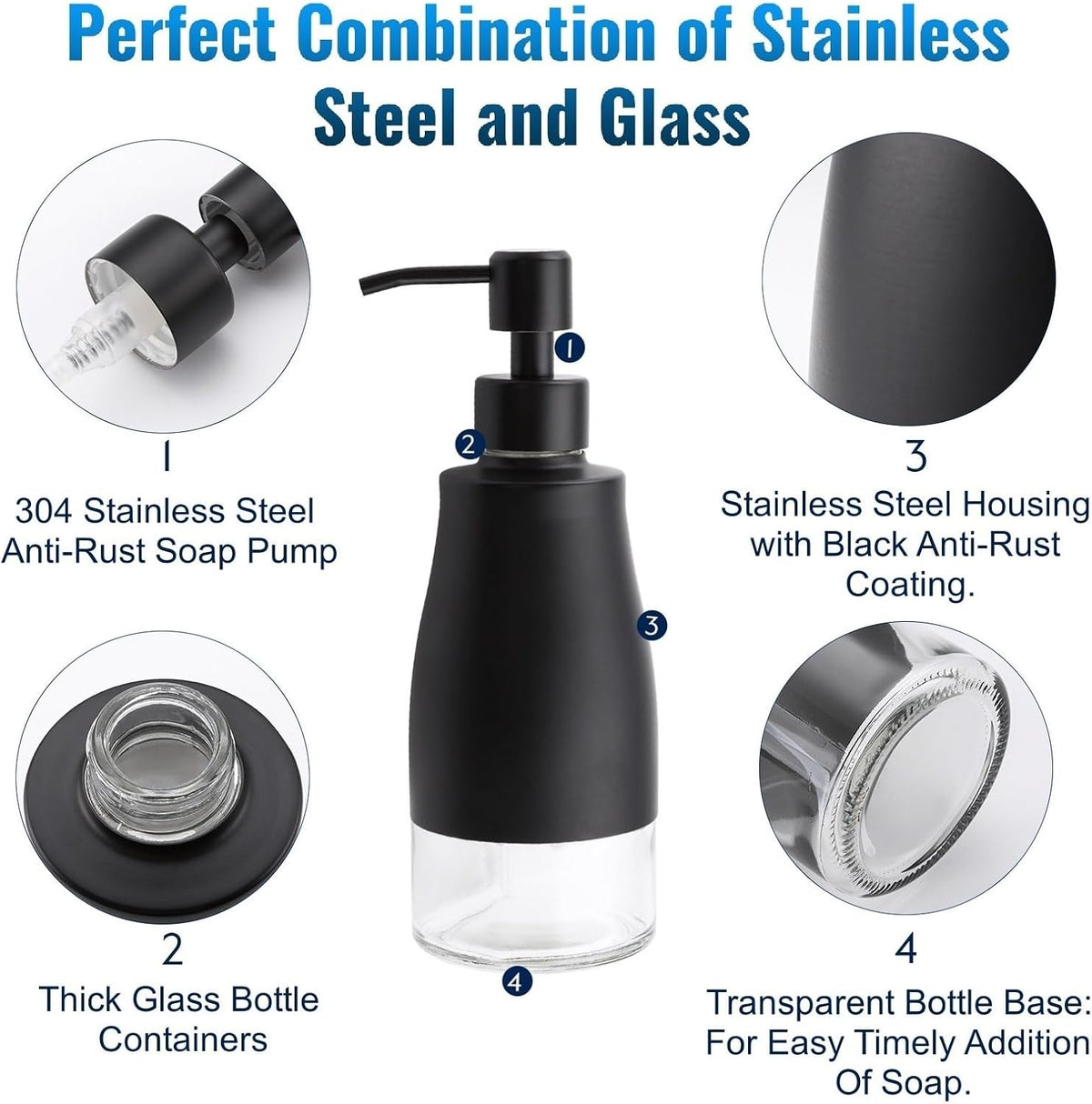 Gaussra Black Soap Dispenser with Coaster and Stickers, Dish Soap Dispenser for Kitchen, Hand Soap Dispenser for Bathroom, 304 Stainless Steel Glass Lotion Dispenser (2 Pack)
