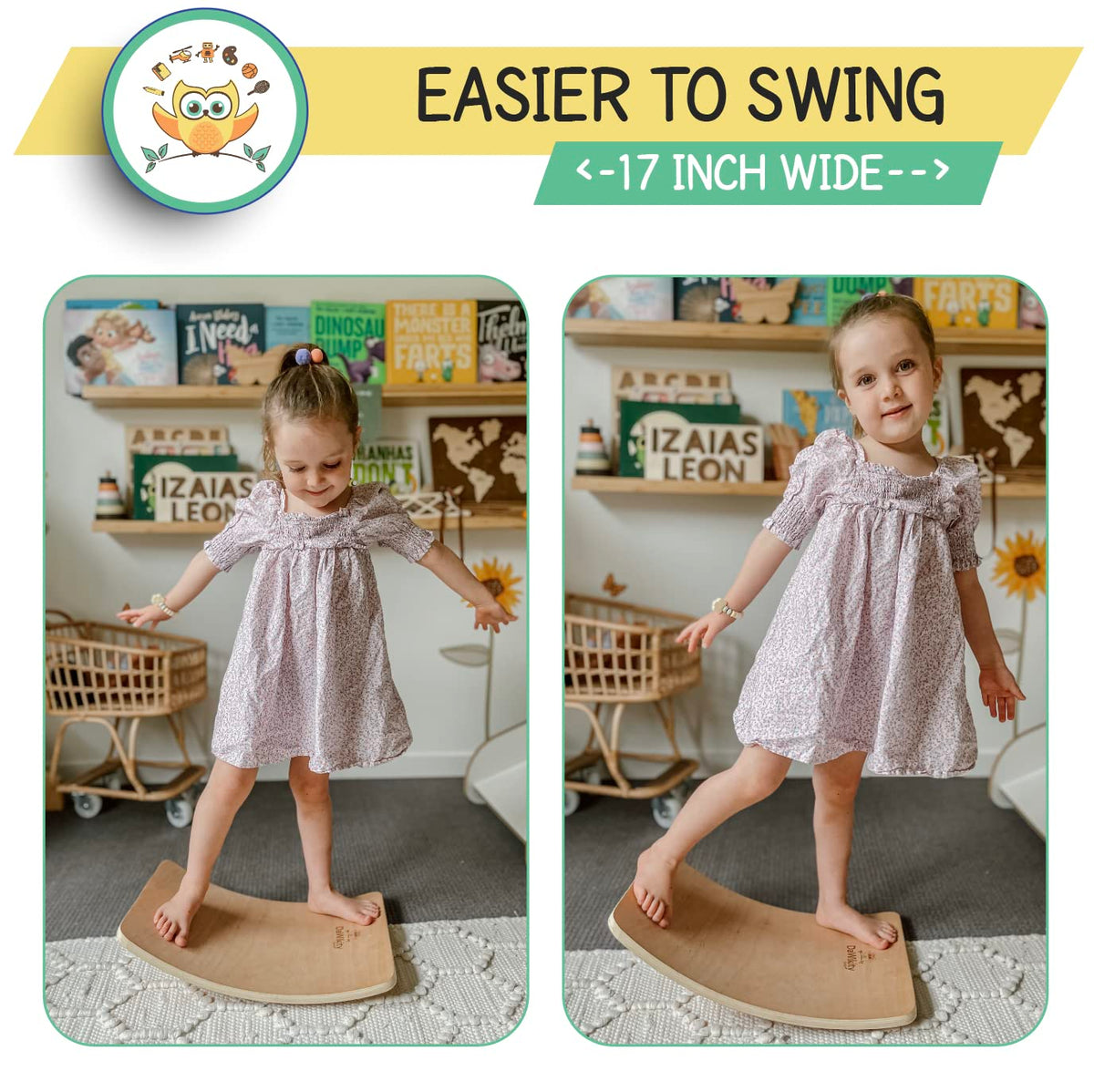 DaWikity Kids Balance Board - Wooden Wobble Board for Kids - Compact Balancing Trainer - Poplar Core - Eco-Coating - Sensory Motor Development - Core Strengthening - 17x12x3", Up to 480 lbs Capacity