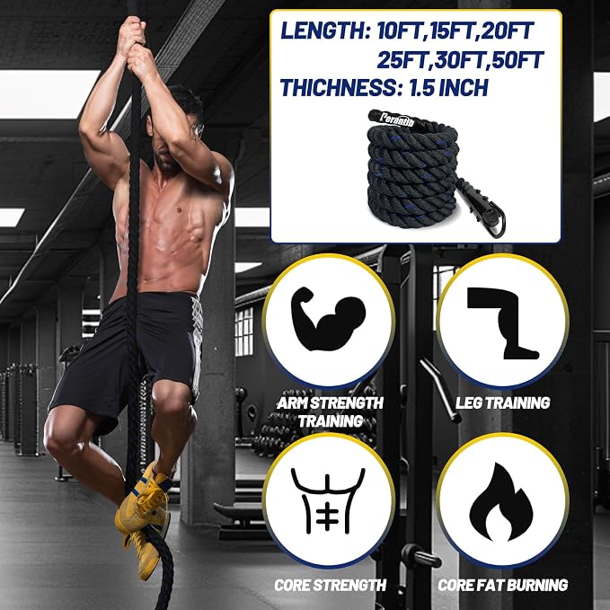 100% Polyester Climbing Rope with Hooks - Heavy Duty 1000LBS Load Capacity, 1.5inch Diameter, 10,15,20,25,30,50ft Length for Outdoor Rock Climbing, Rescue & Escape (10ft)