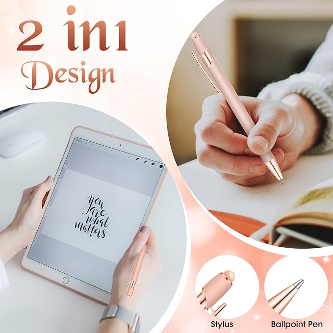 Tenare 12 Pieces 2 in 1 Stylus Metal Ballpoint Pen with Stylus Tip, 1.0 mm Black Ink Ballpoint Pen for Touch Screens(Rose Gold)