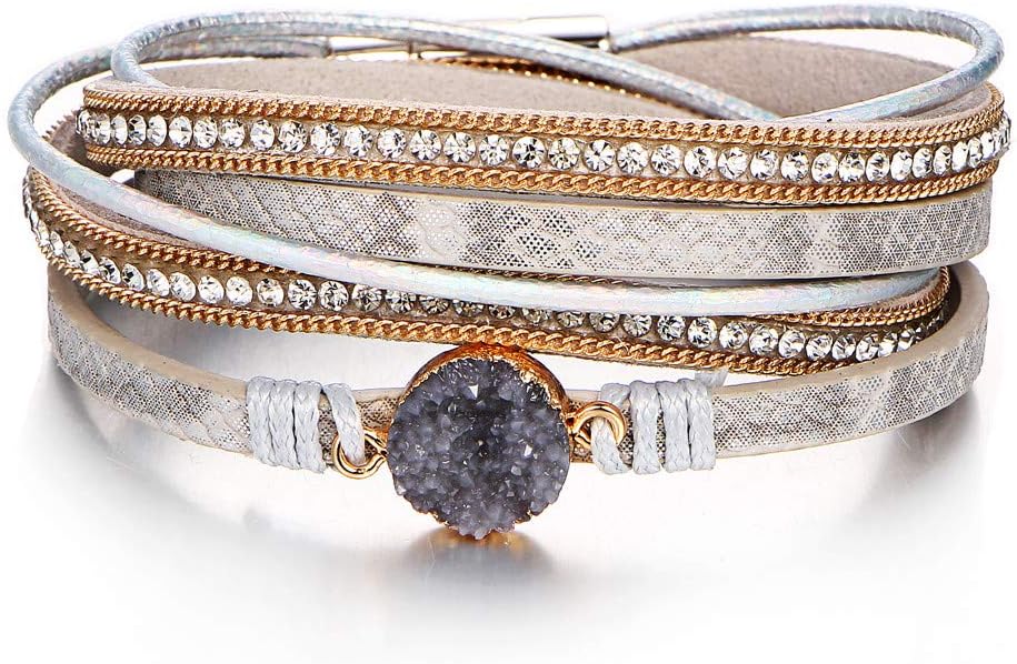 Fesciory Leather Wrap Bracelets for Women, Boho Leopard Multi-Layer Crystal Beads Cuff Bracelet Jewelry