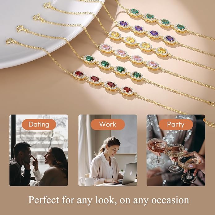 Birthstone Bracelets for Women, Gold Trendy Dainty Link Bracelet Jewelry Birthday Christmas Day Gifts for Women Girlfriend Friend Her Mom Wife