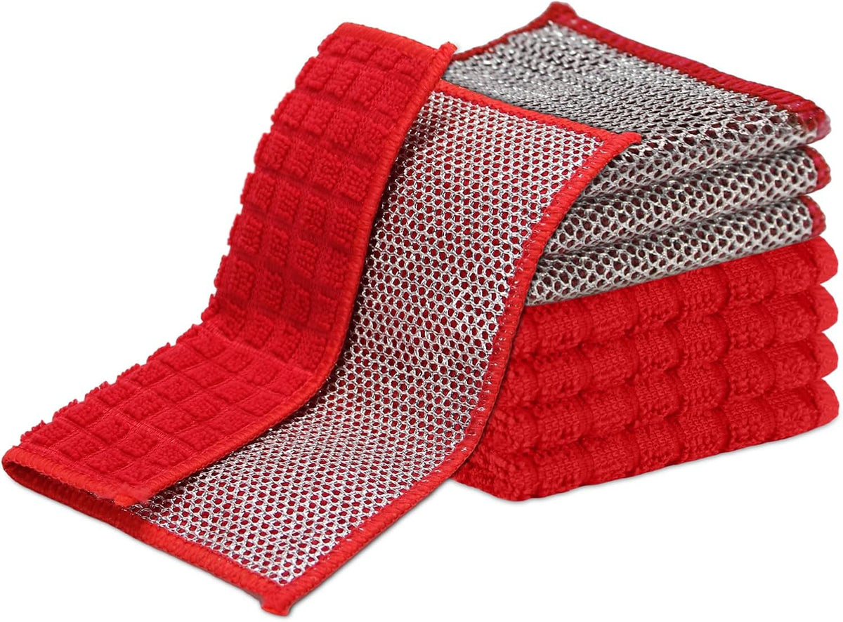 Dish Rags for Washing Dishes 8 Pack Multipurpose Wire Miracle Cleaning Coths Non-Scratch Wire Dishwashing Rag Lint Free Microfiber Cleaning Cloth for Kitchen Windows (Red)