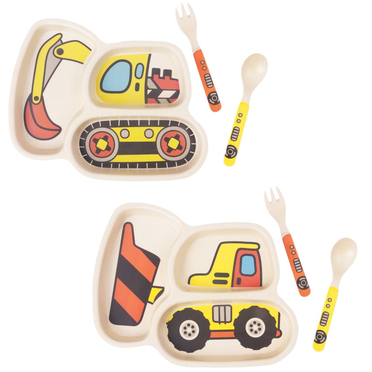 Kid Plate Set Bamboo Toddler Plates Dinnerware Dinner Dish Set Baby Feeding Spill Proof Divided Plate - Baby Spoon and fork 3-Piece Set for Kids and Toddlers (excavator/bulldozer)