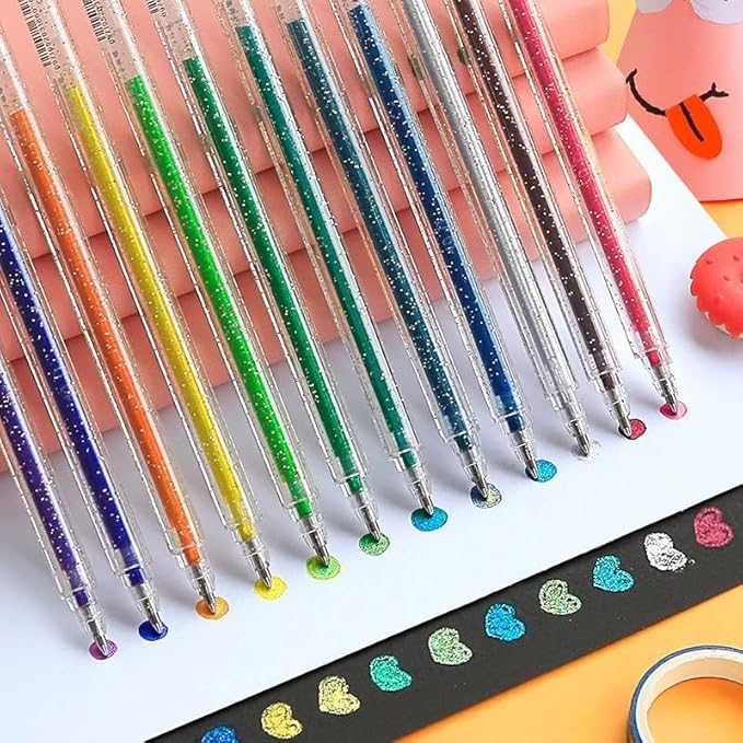 Grabie glitter gel pens,12 Colors Gel Pens for Coloring,Metallic Vibrant Sparkle Colorful Pen,Fine Tip Markers Colored Neon Gel Pens for Adult Coloring Books, Sparkle Pen, Gelly Roll Pens