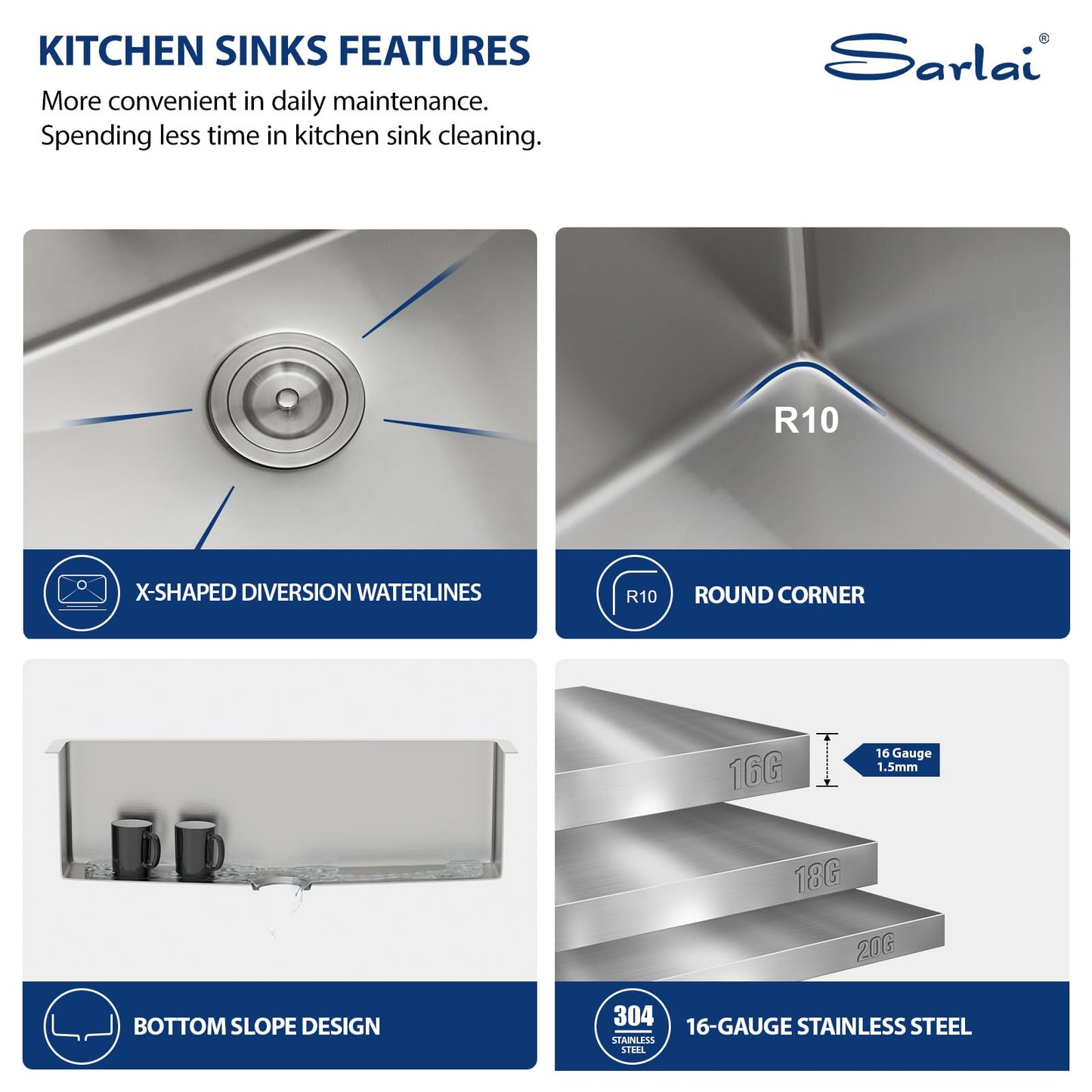 Sarlai 33 Inch Undermount Kitchen Sink - 33 x19 Kitchen Sink Undermount Single Bowl Stainless Steel 16 Gauge Under Counter Sink With Accessories Round Corners
