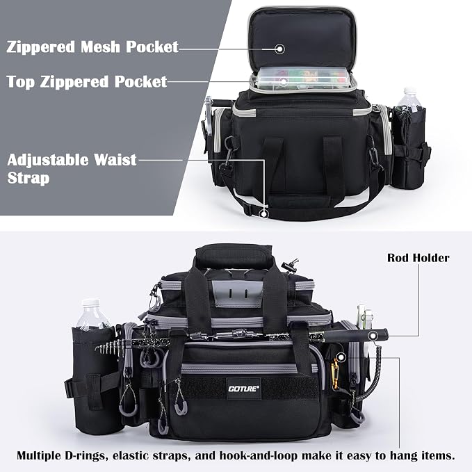 Goture Fishing Tackle Bag with 4 Tackle Boxes, Soft Side 600D Water-Resistant Cross Body Sling Fishing Bag with Rod Holder, Small Saltwater Gear Storage Tactical Bags, Gifts for Men/Women