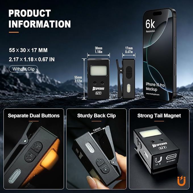 Speras U1 EDC Clip-on Flashlight, 500 Lumens Rechargeable Magnetic IP65 | Hands-Free Flat Pocket Light, Spot/Flood/RGB Modes, Waterproof Mini USB-C Sensor Work Light for Camping, Cycling, Emergencies