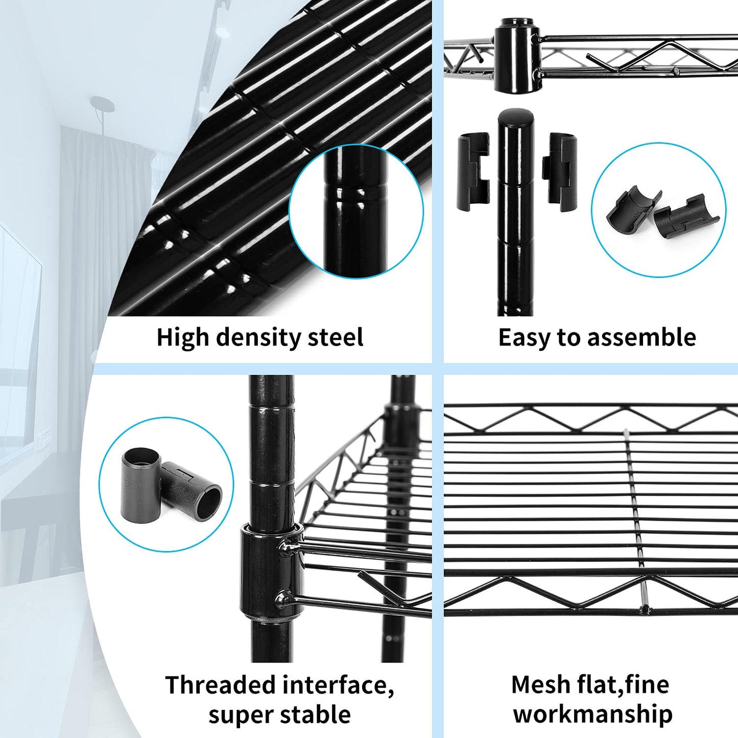SUNLPH 5-Tier Wire Shelving Adjustable Shelves Unit Metal Storage Rack for Laundry Bathroom Kitchen Pantry Closet Organization (Black, 16.6" L x 11.4" W x 49.1" H)