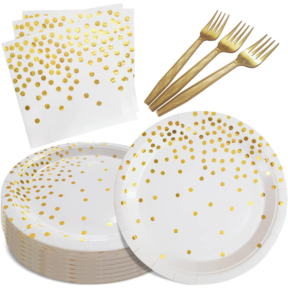 WXLDGHQ White and Gold Paper Plates Napkins Party Supplies,Disposable Gold Dot Paper Dessert Plates,105 PCS Birthday Plates and Napkins Party Supplies for Wedding(Serves 35 Guests 7")