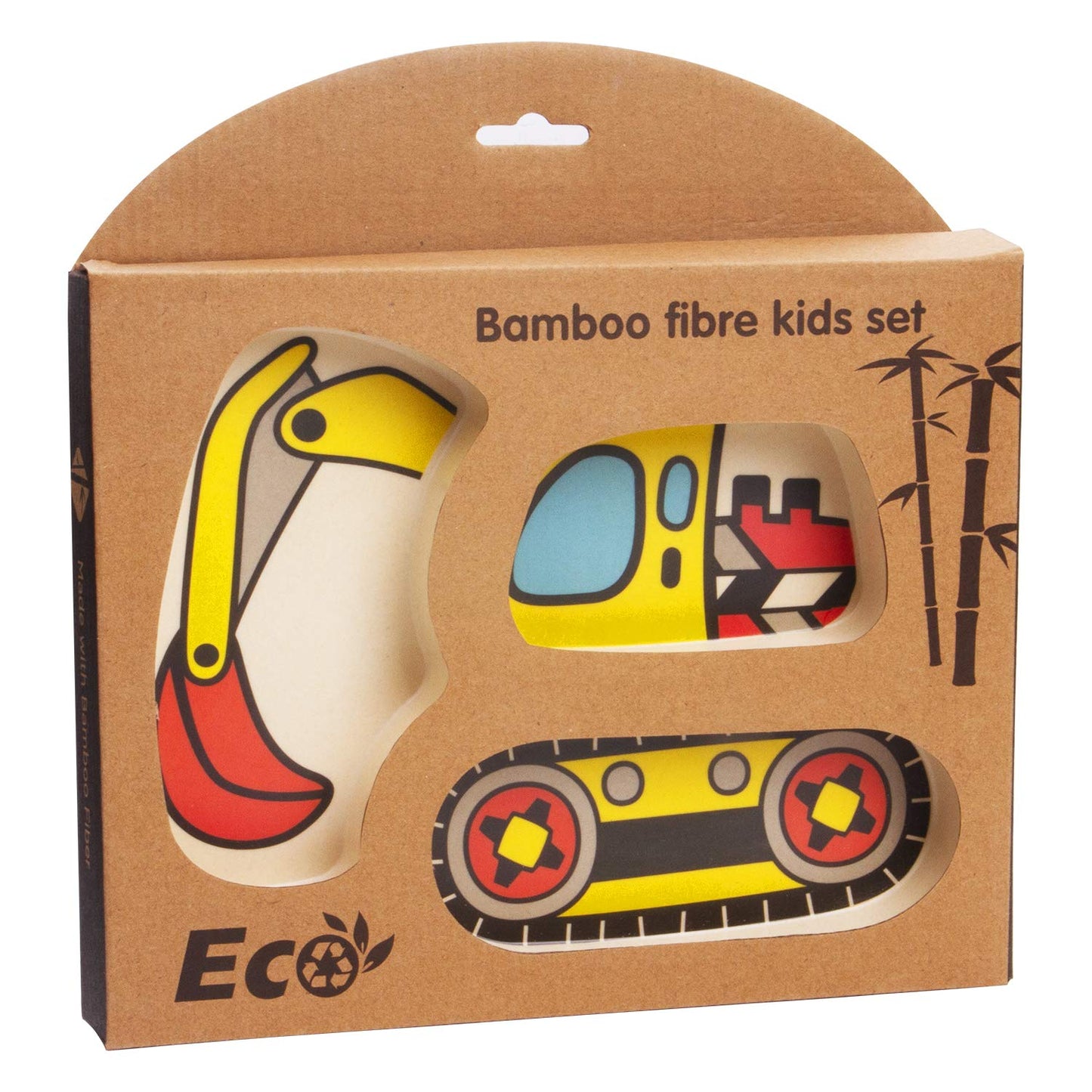 Kid Plate Set Bamboo Toddler Plates Dinnerware Dinner Dish Set Baby Feeding Spill Proof Divided Plate - Baby Spoon and fork 3-Piece Set for Kids and Toddlers (excavator/bulldozer)