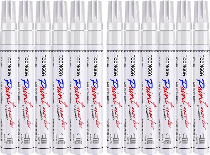White Paint Pens Permanent Paint Markers - 12 Pack Oil Based Marking Pens, Medium Point, Quick Drying and Waterproof Pens for Rock Painting Car Tyre Metal, Plastic, Canvas, Wood