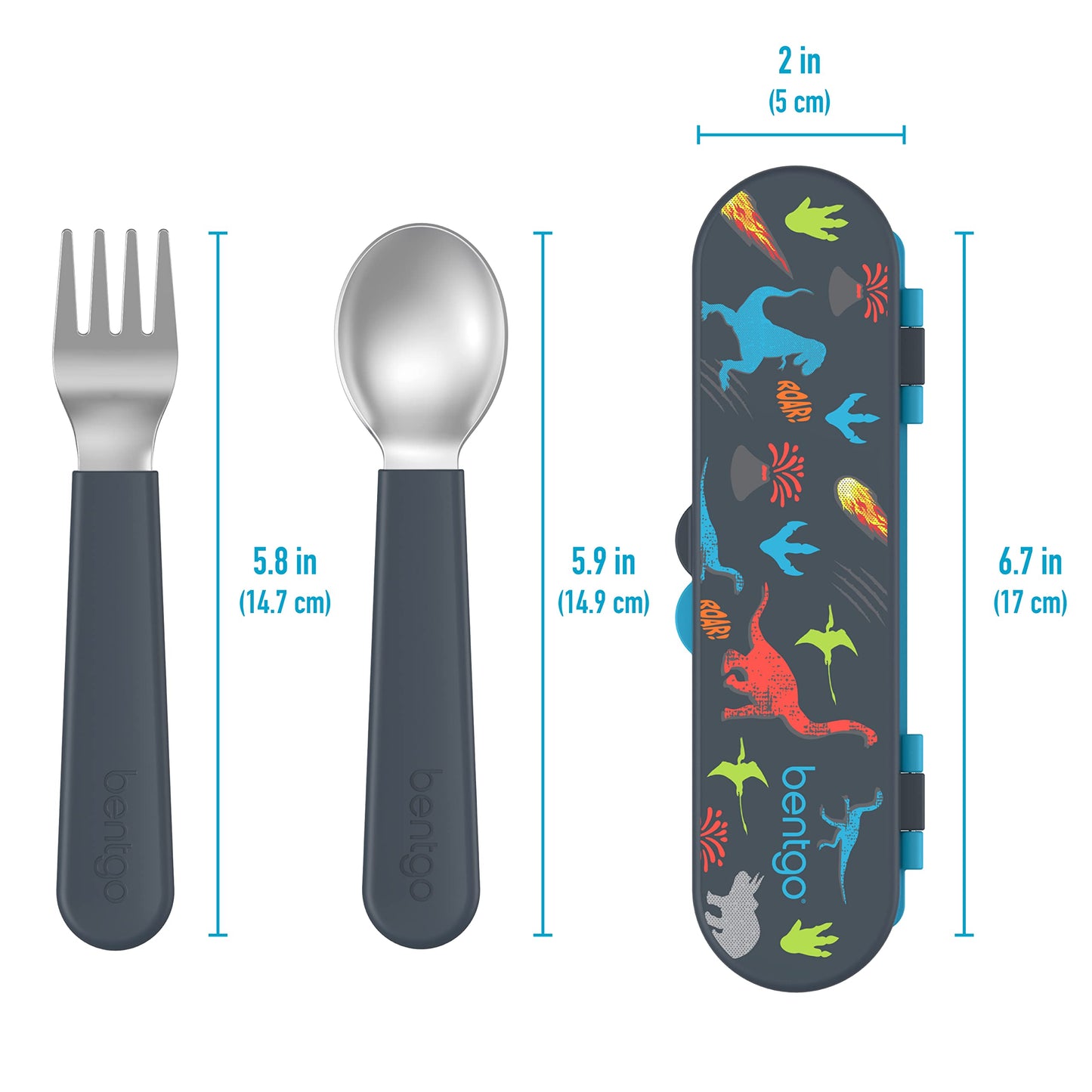 Bentgo Kids Stainless Steel Utensil Set - Reusable Fork, Spoon & Storage Case, PFAS- & BPA-Free, Easy-Grip Handles, Lightweight, Dishwasher Safe, School Lunch, Travel & Outdoors (Dinosaur)