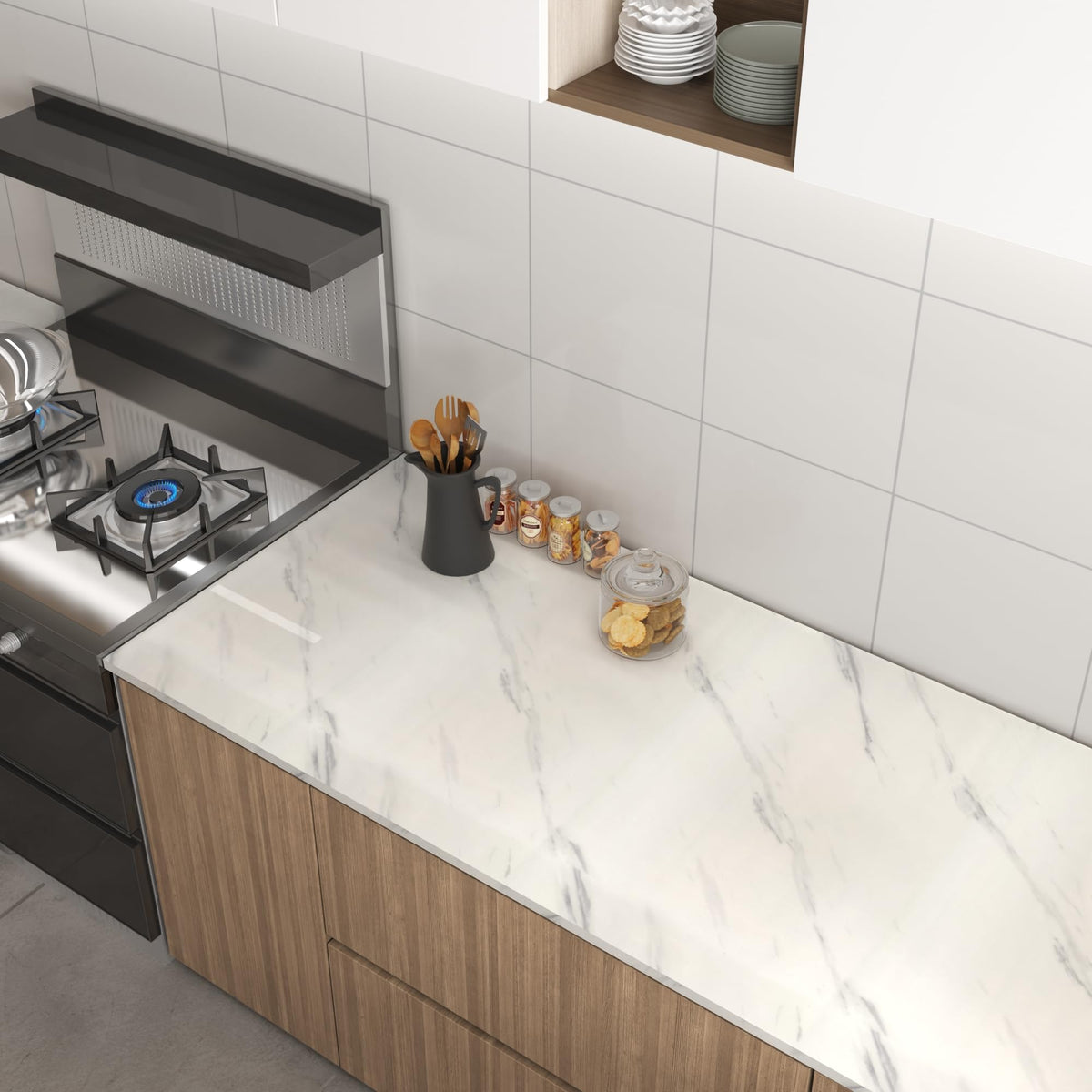 JSEVEM 48"×79" Extra Wide Thick White and Grey Marble Wallpaper Peel Stick (Sample) Waterproof White Gray Marble Contact Paper Vinyl Glossy Adhesive Granite Tile Sticker for Kitchen Table Countertops