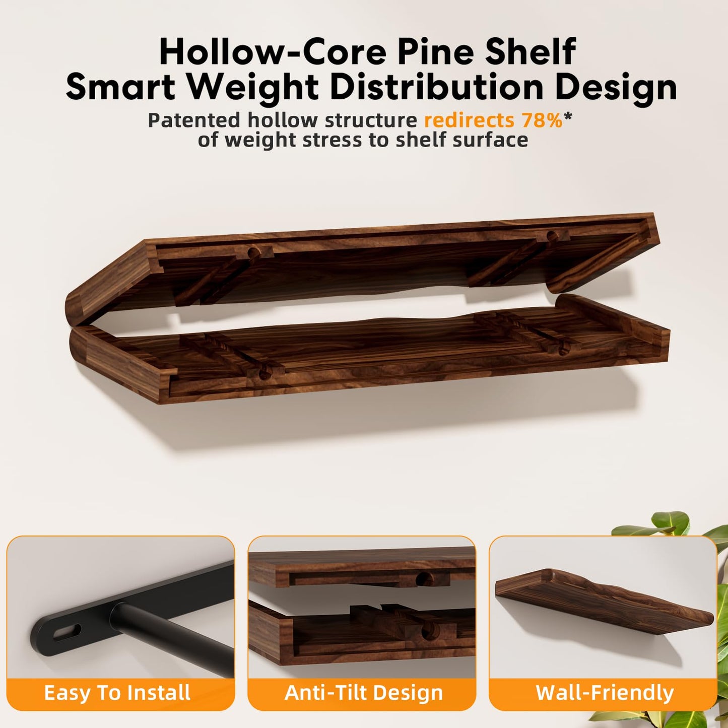 Avytronx Solid Wood Live Edge Floating Shelves Set of 2 – 36" Rustic Wall Shelf with Hidden Bracket System, Wall Mounted Shelves for Bathroom, Kitchen, Living Room, Bedroom (Walnut)