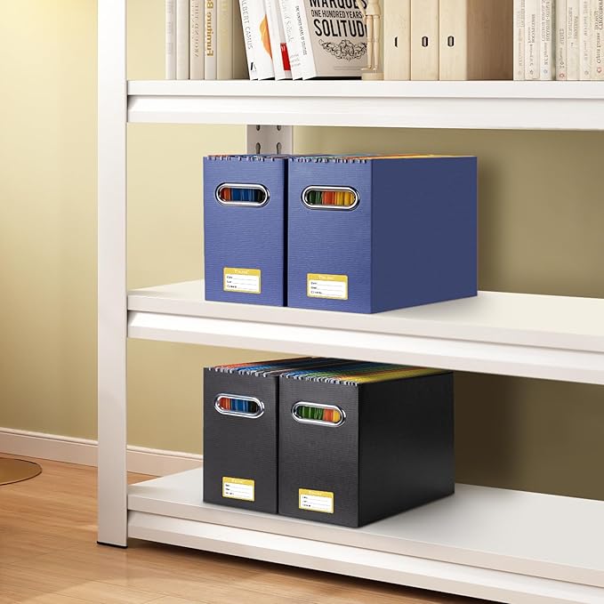 BALEINE File Organizer Box, Cardboard File Folder Organizer with Handle for Letter Size, Portable Collapsible Hanging Filing Box for Home Office Document Storage (4 Pack, Navy)
