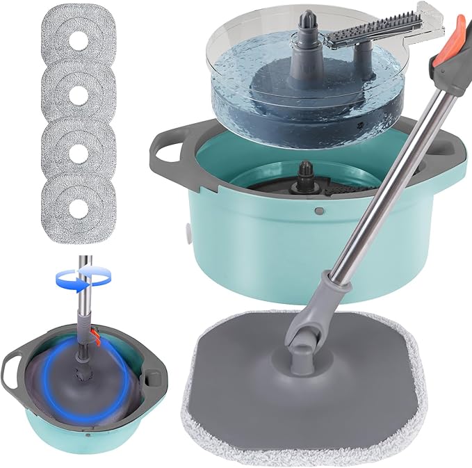 Spin Mop and Bucket with Separate Dirty and Clean Water,360° Spin Mop and Bucket System with Widening Foldable Handle,4 Replaceable Mop Pads,Square Mop for Floor Hardwood Tile Marble Wall Cleaning