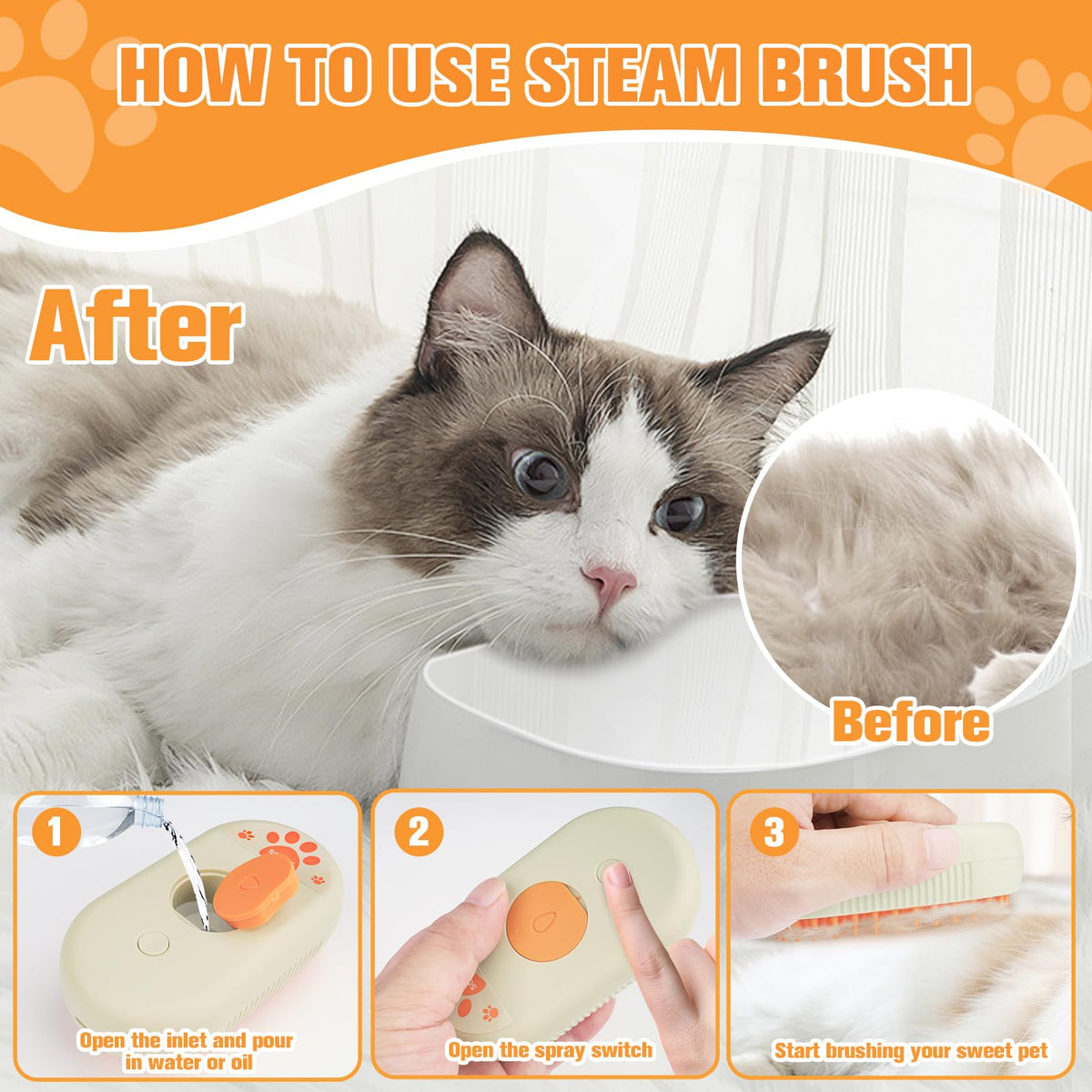 Steam Brush for Cats Dogs,Cat Steam Brushes for indoor Cats,3 in 1 Steam Cat Brush for Shedding,Silicone Pet Spray Hair Removal Comb for Massage,Combing,Rechargeable Dog Brushes for GroomingYellow