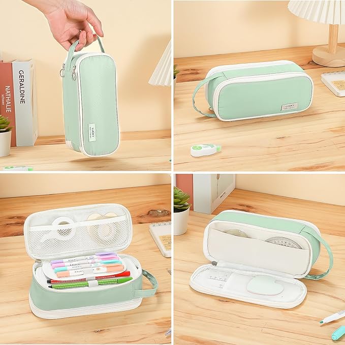 Pencil Case Large Zipper Pencil Pouch for Girls Kids Teens Adults Aesthetic Pencil Bag Stationery Organizer Pencil Case with Handle for School Green