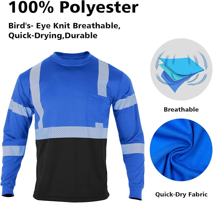 VENDACE Safety T Shirts Reflective High Visibility 3 Pack Hi Vis Long Sleeve Construction Work Shirts for Men (Royal Blue,3XL)