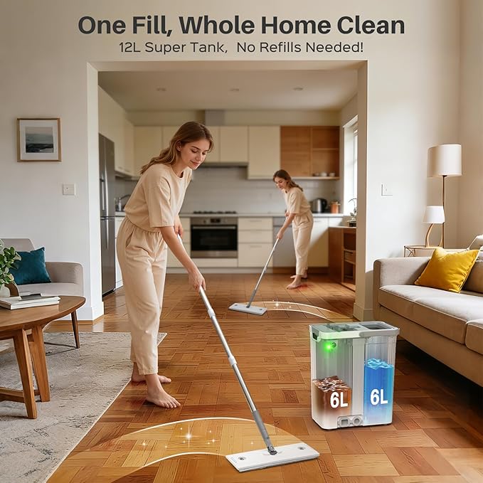 Mop and Bucket Set with AUTO Pump, 3-Zone Separate Dirty and Clean Water, Flat Mop and Bucket System with Wringer and Wheels, 4 Reusable Microfiber Pads, One-Touch Water Filling for Home Cleaning