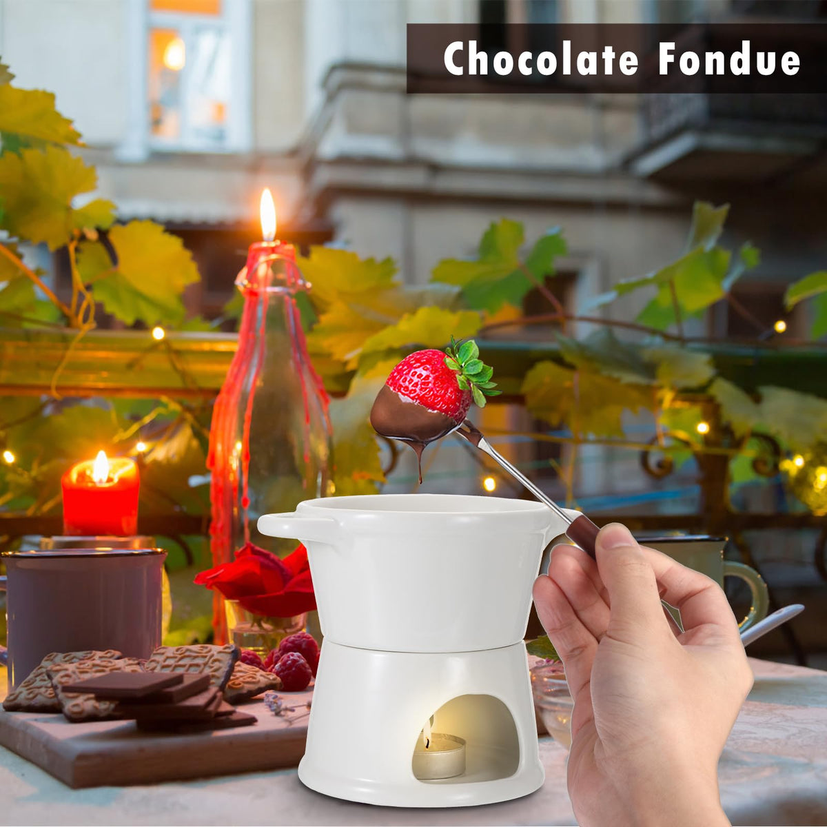 BSTKEY 300ML Ceramic Butter Warmer Set with 2 Forks, White Fondue Pot Melting Pot Set, Melt Hot Pot Bowl Set for Cheese Chocolate Butter Caramel