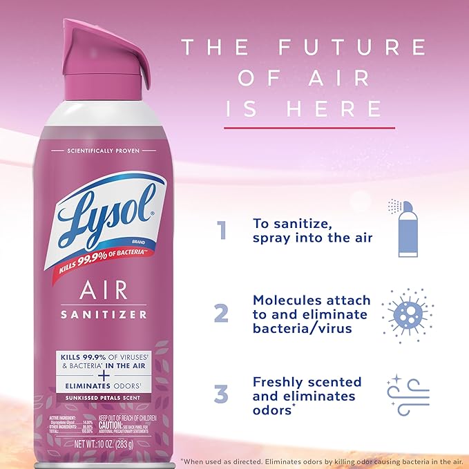 Lysol Air Sanitizer Spray with Odor Eliminator for Home & Office, Sanitizing Spray, Air Freshener Alternative, Sunkissed Petals Scent, 10 oz (Pack of 3)