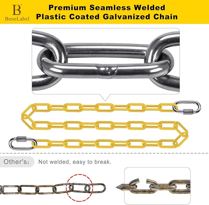 BeneLabel 2Pcs 100" Coated Swing Chain with Carabiners 1000 LBs Capacity Heavy Duty Hanging Chains Porch Swing Chains with Hooks Yellow Chain for Hammock Chairs, Tree Swing, Hanging Chair, Heavy Bags