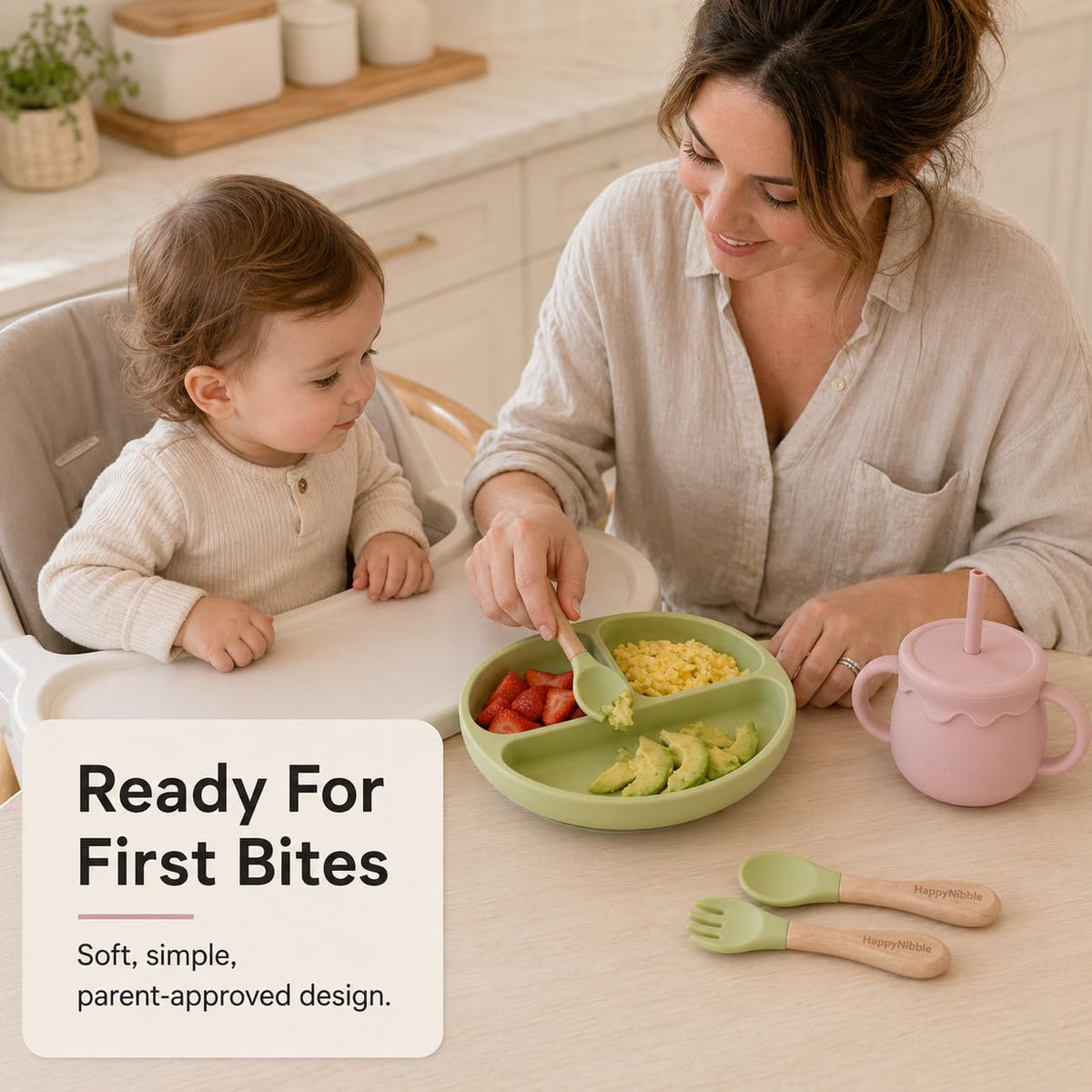 HappyNibble Baby Led Weaning Silicone Feeding Set, 2 Pack - Divided Suction Plates with Lids, 2-in-1 Sippy Cups, Spoons & Forks for Babies 6-36 Months, First Foods Shower Gift, BPA Free