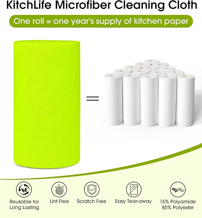 KitchLife Microfiber Cleaning Cloth Roll, 100 Pack - Tear-Away Microfiber Paper Towels, Lint-Free, Reusable, Washable for Kitchen, Car, Dishes, and Sensitive Surfaces (Neon Green)
