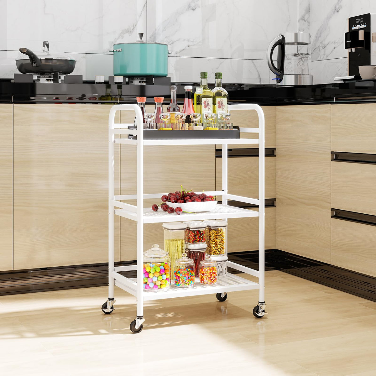 HDANI 3 Tier Rolling Cart,Heavy Duty Multifunctional Metal Frame-Supports 22 Lbs Per Tier,Rolling Cart with 2 Lockable Wheels for Office,Home,Bedroom,Kitchen,Bathroom (White)…