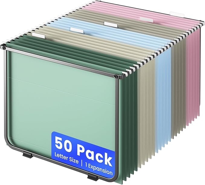 Hanging File Folders Letter Size, 50 Pack File Organizer Folders, 1/5-Cut Tabs with Hanging File Folder Frame, Heavy Duty 1 Inch Expansion, Stay Organized for Your Home and Office Bulk File.