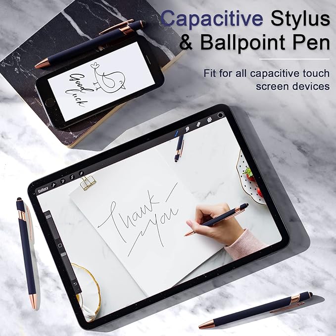 12 Pieces Ballpoint Pen with Stylus Tip, 1.0 mm Black Ink Metal Pen Stylus Pen for Touch Screens, 2 in 1 Stylus Ballpoint Pen (Cyan and Rose Gold)