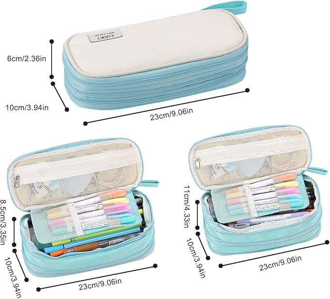 Big Pencil Case Zipper Pencil Pouch Organizer Large Capacity Pen Bag with Handle Portable for Girls Kids Adults Gift Pen Case for School Home Office Light-blue