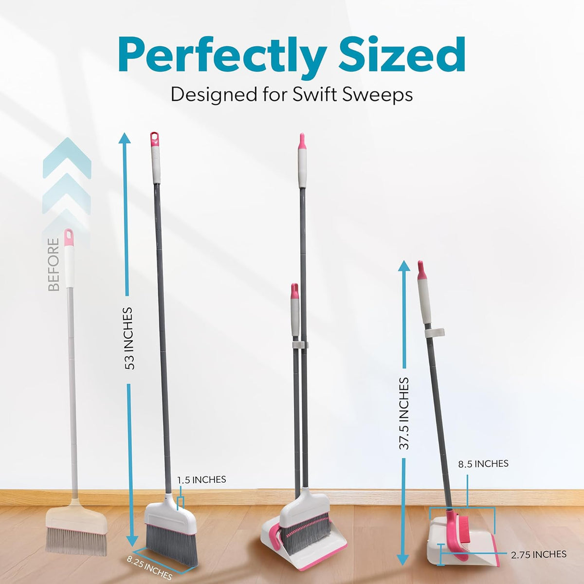 BLACK+DECKER Butler Broom & Dustpan Set - Stand-Up Design - Lightweight, Space-Saving Combo for Kitchen, Living Room, Bathroom, Lobby Floors - Home Cleaning Essential, White/Pink