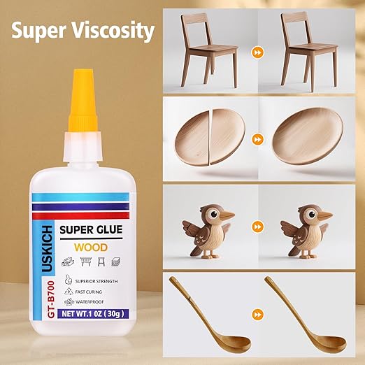 Super Glue for Woodwork with Anti Clog Cap. 6 x 1 fl oz,CA Glue - Clear Adhesive Cyanoacrylate Glue for Furniture, Garden, Crafts, DIY, Metal to Wood, Quick Dry