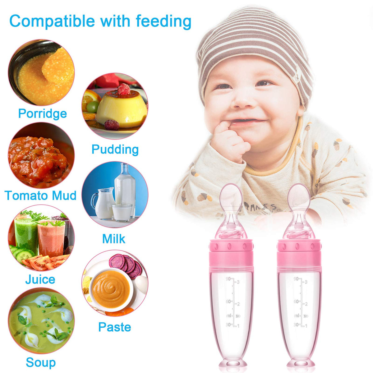 2 Pieces Silicone Baby Spoons Baby Feeding Spoon with Standing Base for Infant 0-24 Months Dispensing and Feeding (Pink)